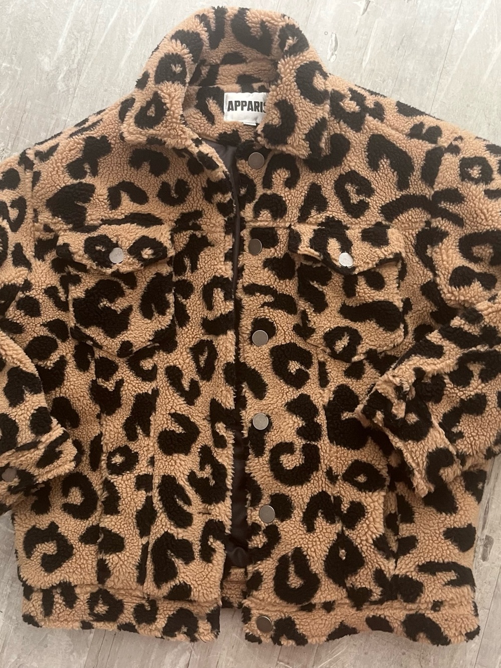 Apparis women’s Leopard Sherpa Jacket - Tan & Black Sz S